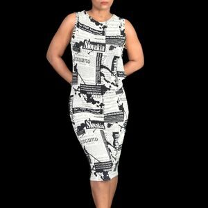 Farr Designz Newsprint Dress White Backless Newspaper Midi Stretch Jersey Large